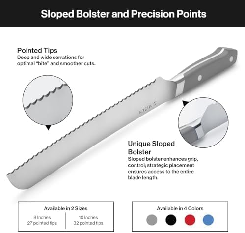 Misen Serrated Bread Knife – High-Carbon Japanese AUS8 Steel – Effortless Slicing of Bread, Pastries, and Fruits – Razor-Sharp Edge and Durable Blade with Ergonomic Handle - 10", Red
