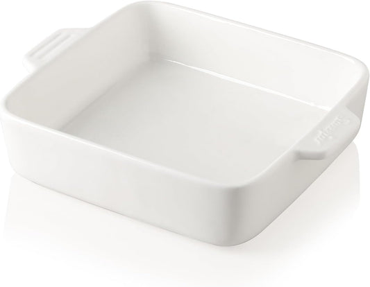 Sweejar Ceramic Baking Dish, 8 x 8 Cake Baking Pan for Brownie, Porcelain Square Bakeware with Double Handle for Casserole, Lasagna, Family Dinner (White)