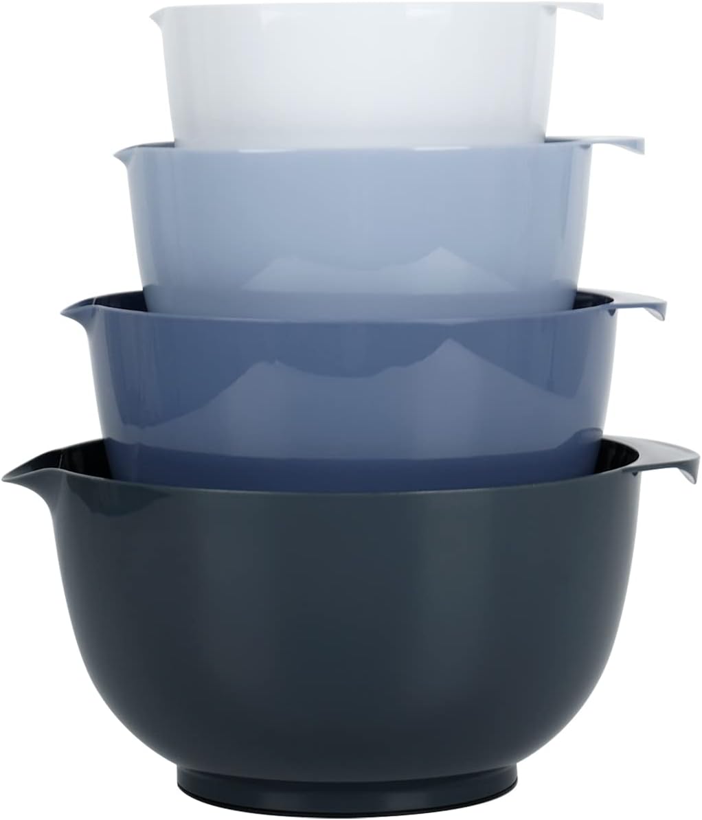 BoxedHome Nesting Plastic Mixing Bowl Set With Pour Spout, Microwave and Dishwasher Safe, BPA free Non-Slip Base, Set of 4 Size 1.7, 2.5, 3.5 and 4.5qt, Great for Prepping, Baking, Cooking (Haze Blue)