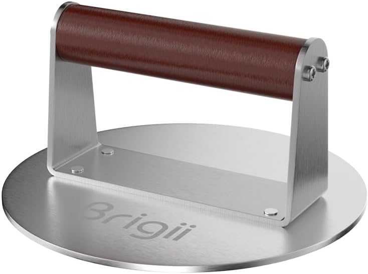 Brigii Burger Press Smasher, 1.5lb Heavy-Duty Stainless Steel, with Flat Nonstick Surface and Wooden Handle, for Hamburger Patty, Bacon, Steak, BBQ Grilling, Dishwasher Safe
