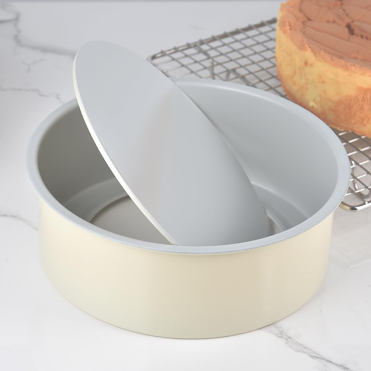 Guowall 8 inch Cake Pan Removable Bottom Carbon Steel with Nonstick Coating Chiffon Cake Tin Round Shaped Cheese Cake Mould for Baking - Cream Color