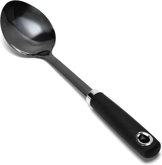 Stainless Steel Cooking Spoon Heavy Duty Basting Spoon Serving Spoons Stainless Steel Cooking Utensils with Non-Slip Ergonomic Handle, Black