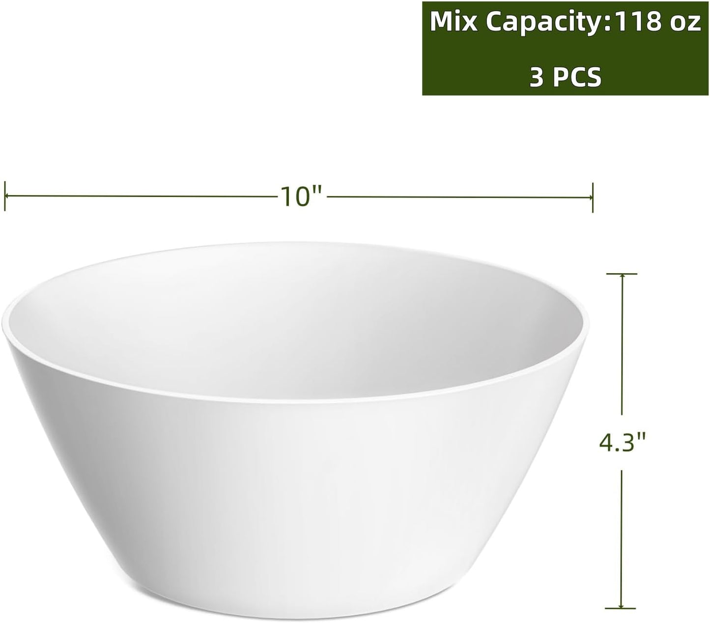 10 inch Large Salad Bowls, White Serving Bowls 118 oz, Bamboo Fiber Bowls Set of 3, Microwave and Dishwasher Safe, Great for Salad, Fruits, Vegetables and Party