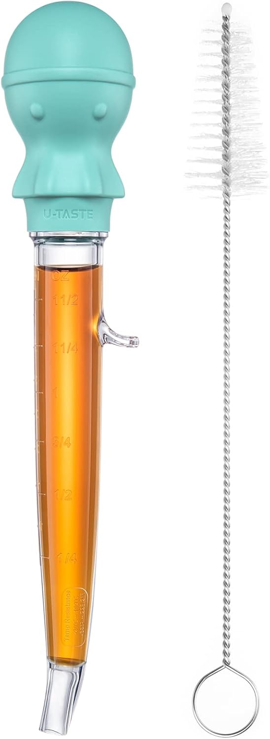 U-Taste 1.5oz Angled Turkey Baster - 228.2℉ Heat Resistant Food Grade Tritan and Silicone Large Octopus Bulb Baster Set with Cleaning Brush for Cooking Basting Meat Poultry Beef Chicken (Aqua Sky)