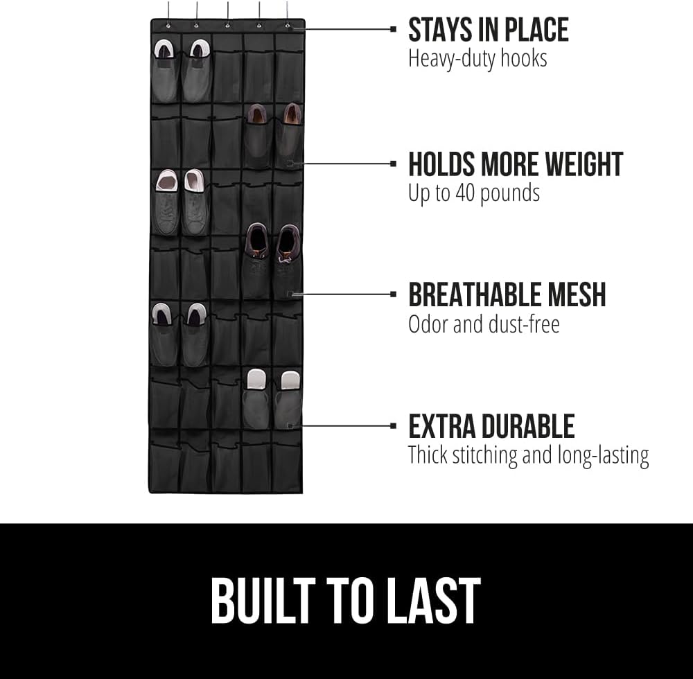 GORILLA GRIP Over the Door Shoe Organizer, 35 Large Breathable Mesh Pockets, Space Saving Hanging Storage Holder, 5 Hook Closet Rack Hanger, Hangs on Closets for Shoes, Accessories 68.5H x 24.5W Black