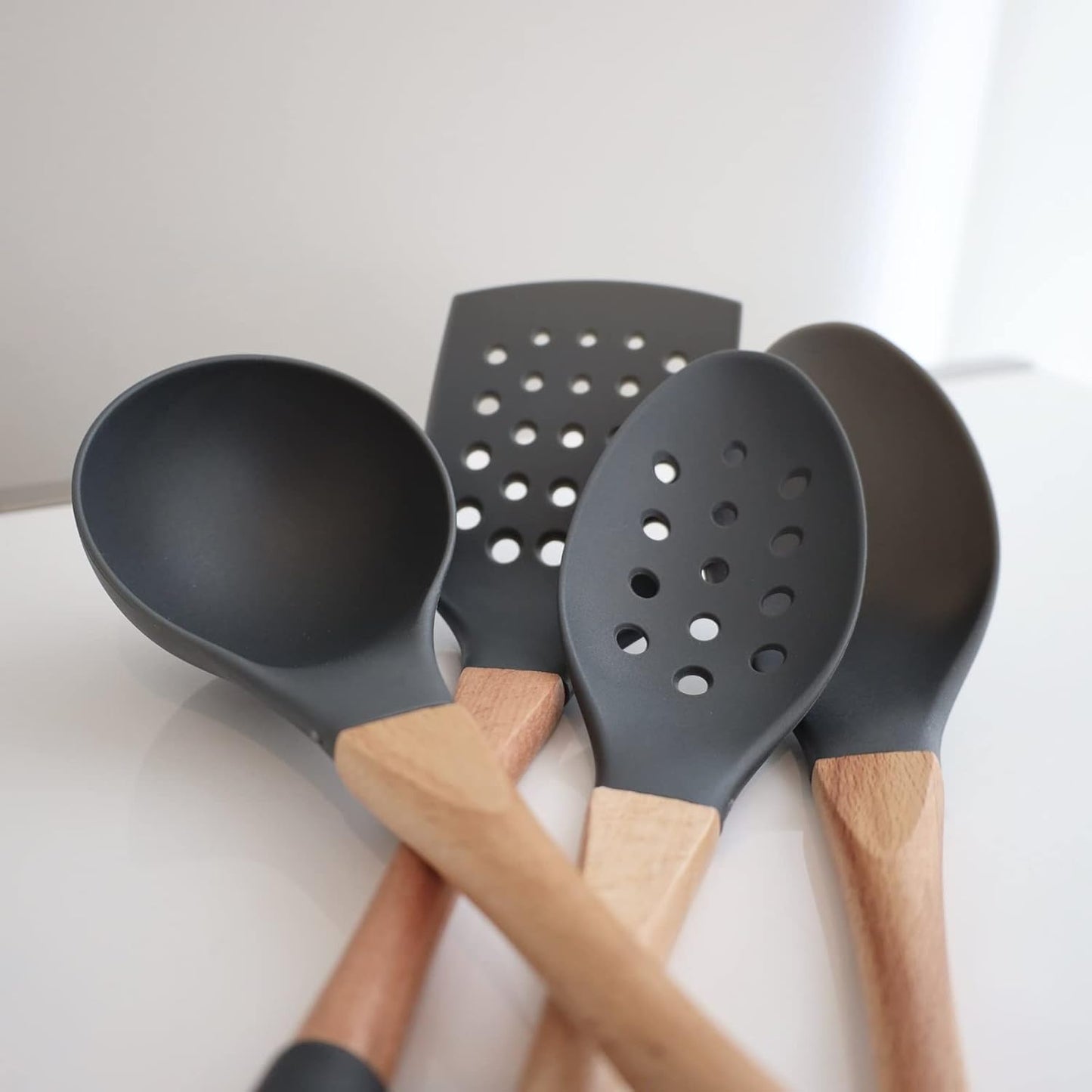 Beille Grey Nylon Slotted Spoon with Wooden Handle Kitchen Utensils High Heat Resistance, 13 Inch