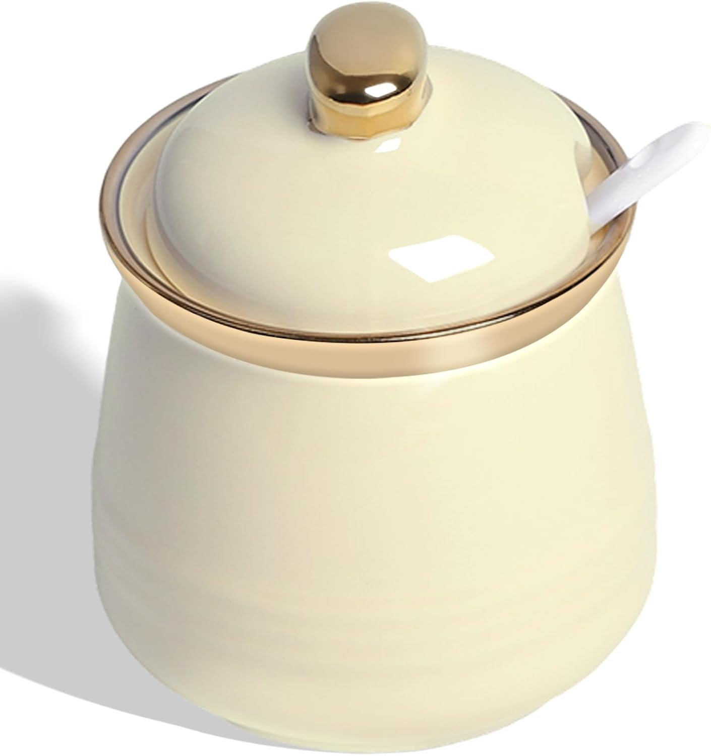 HAOTOP 12oz Sugar Bowl with Lid and Spoon,Simple Ceramic Sugar Jar Sugar Container Sugar Dispenser Coffee Bar Accessories, Modern Kitchen Countertop Canisters, Beige