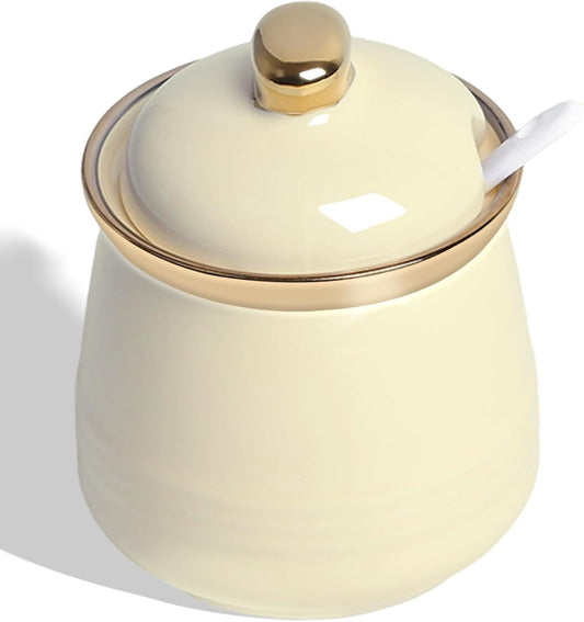HAOTOP 12oz Sugar Bowl with Lid and Spoon,Simple Ceramic Sugar Jar Sugar Container Sugar Dispenser Coffee Bar Accessories, Modern Kitchen Countertop Canisters, Beige