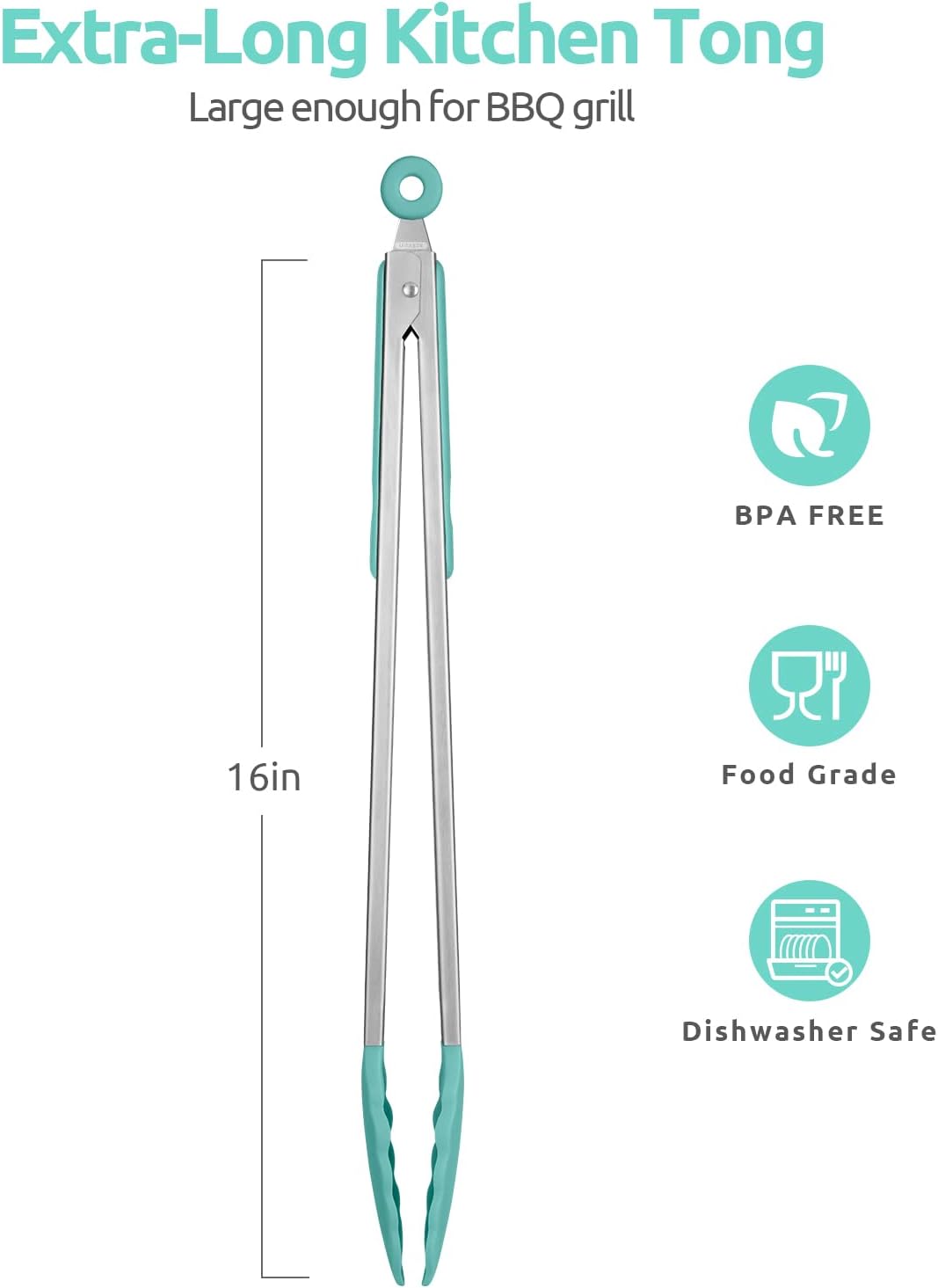 600ºF Heat Resistant Kitchen Tongs: U-Taste 16 in Extra Long Large Silicone Cooking Tong with Sturdy Non Stick Rubber Tips & Non Slip Silicon Coated 18/8 Stainless Steel Handle for Grill BBQ(Aqua Sky)