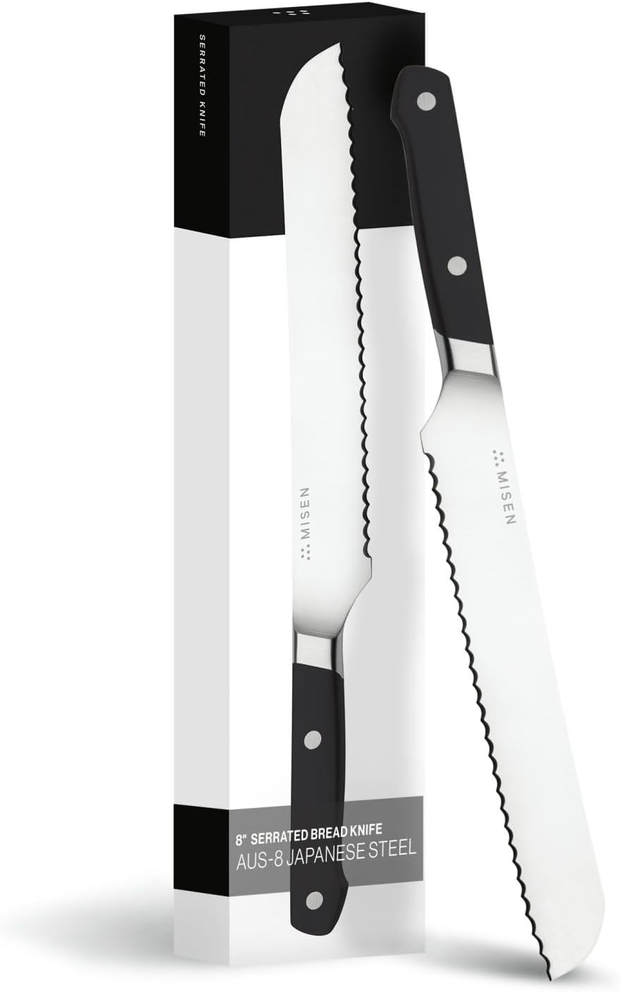 Misen Serrated Bread Knife – High-Carbon Japanese AUS8 Steel – Effortless Slicing of Bread, Pastries, and Fruits – Razor-Sharp Edge and Durable Blade with Ergonomic Handle - 8", Black