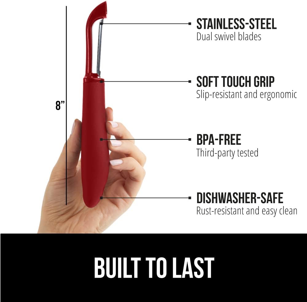 GORILLA GRIP Patented BPA-Free Sharp Stainless Steel Swivel Vegetable Peeler, Comfortable Handle Potato Peelers, Smooth Peeling, Peel Carrots Apple, Includes Blade Cover, Kitchen Tool, Red