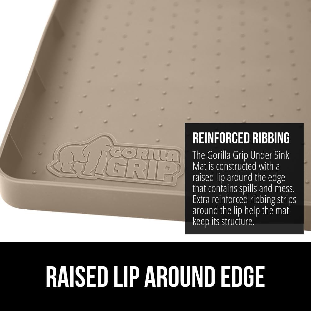 GORILLA GRIP Waterproof Silicone Under Sink Mat with Raised Lip for Kitchen and Bathroom, 31 x 22 in, Cabinet Shelf Liner Stay in Place Mats Dishwasher Safe Drawer Liner, Organizer Tray, Beige