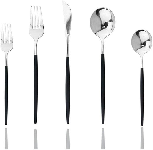 JASHII Black Silver Silverware Set, 20-Piece Stainless Steel Satin Finish Flatware, Kitchen Utensils, Mirror Polished Tableware Cutlery for Home and Restaurant, Dishwasher Safe