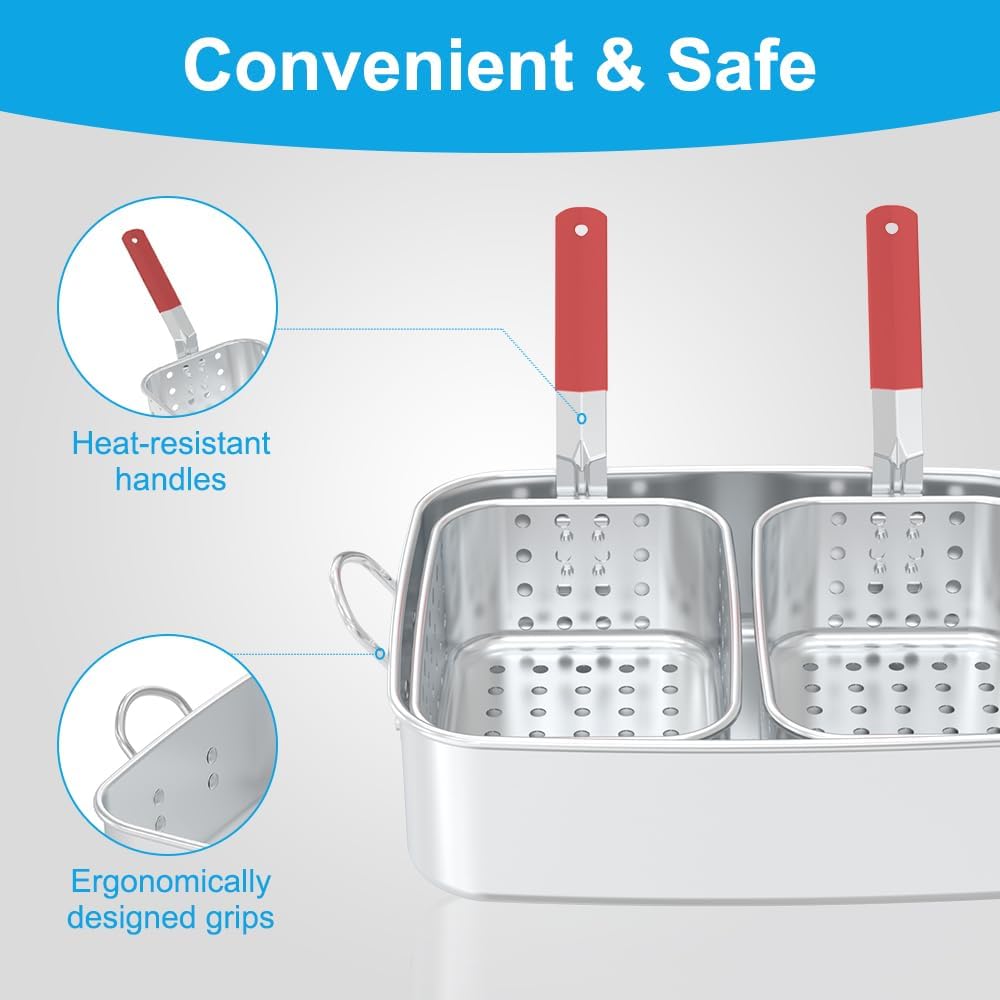 FireRiot 18QT Aluminum Deep Fryer Pot with Baskets & Heat-Resistant Silicone Handles - Lightweight & Durable Fish Fryers Outdoor Cooking - Rectangular Fish Fryer Basket for Outdoor Fryer