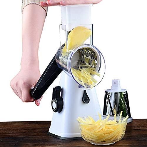 Manual Rotary Potato Grater Kitchen Mandoline Vegetable Slicer，with 3 Interchangeable Blades，Easy to use (White)