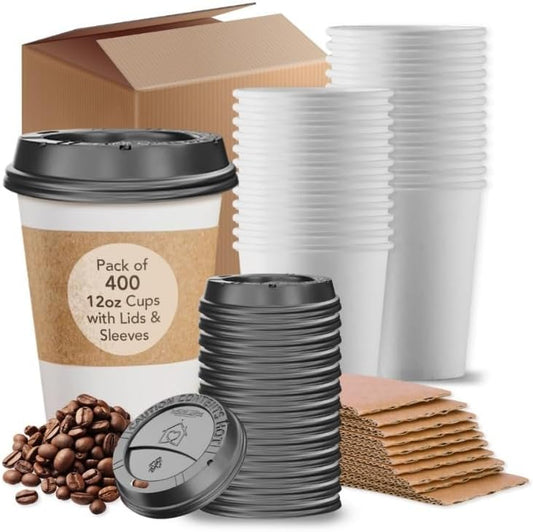 400-Pack 12 oz Disposable Hot Coffee Cups With Lids and Sleeves, To Go Coffee Cups with Lids 12 oz, Hot Cocoa Cups with Lid & Sleeves, Hot Chocolate Paper Cups with Lid for Coffee, Tea & Cocoa
