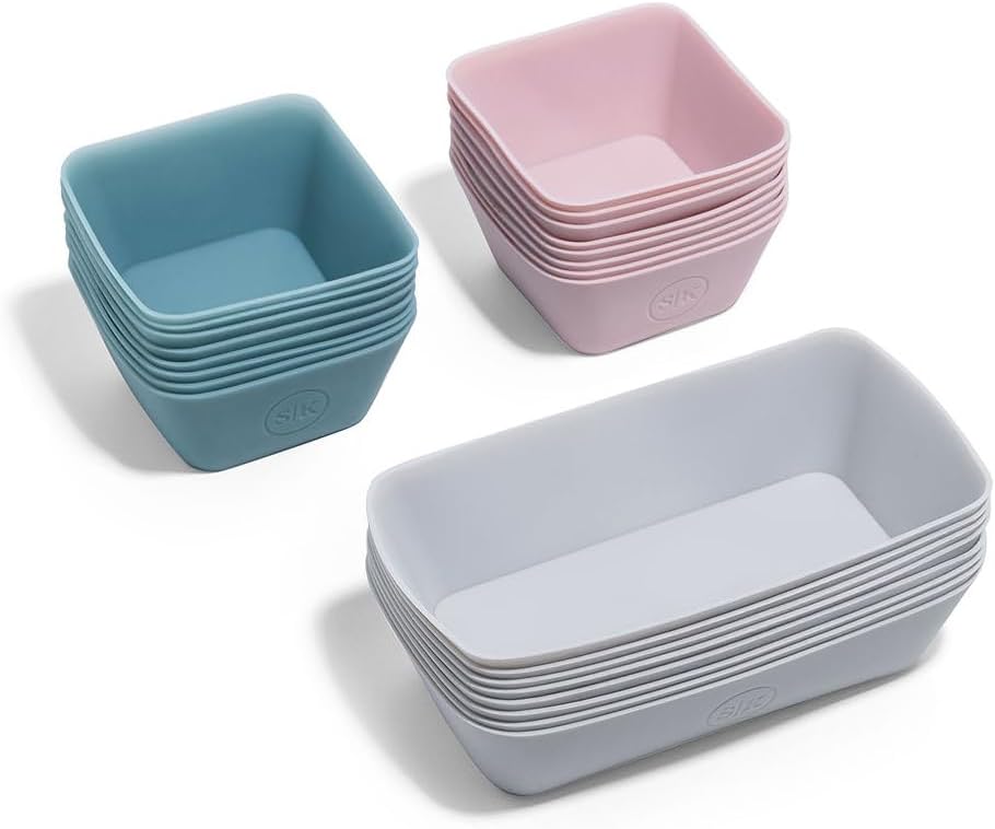 The Silicone Kitchen Reusable Silicone Bento Baking Cups, Non-Toxic, BPA Free, Dishwasher Safe Bento Box Accessories Lunch Box Dividers, Square and Rectangle, 24 Pack, Pink, Blue, Gray
