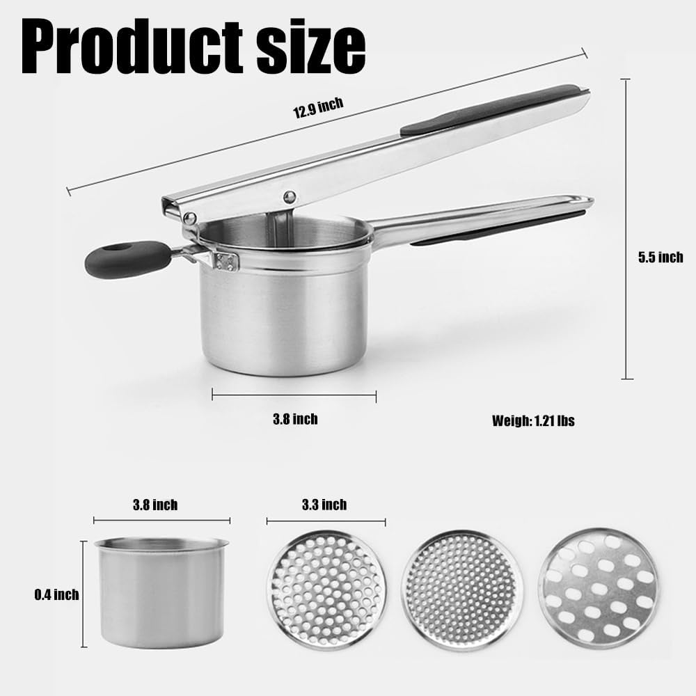 Potato Ricer and Masher, Heavy Duty Large Stainless Steel Potato Masher with 3 Interchangeable Discs Kitchen Gadget Finds for Home and Commercial Use