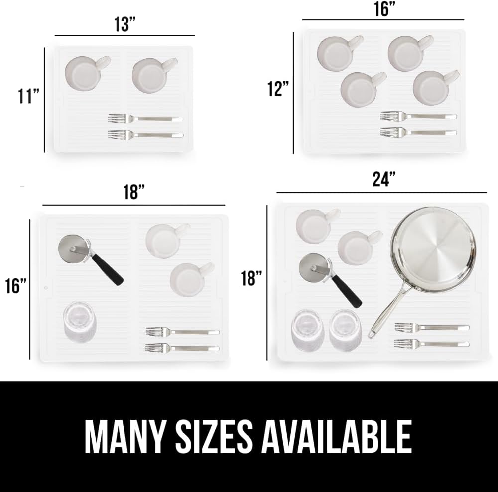 GORILLA GRIP 100% BPA-Free Patented Silicone Dish Drying Mat for Kitchen Counter, 18x24 Inch, Water Catching Ribbed Design, Easy Clean Waterproof Sink Liner, Heat Resistant, Fits Under Rack, White