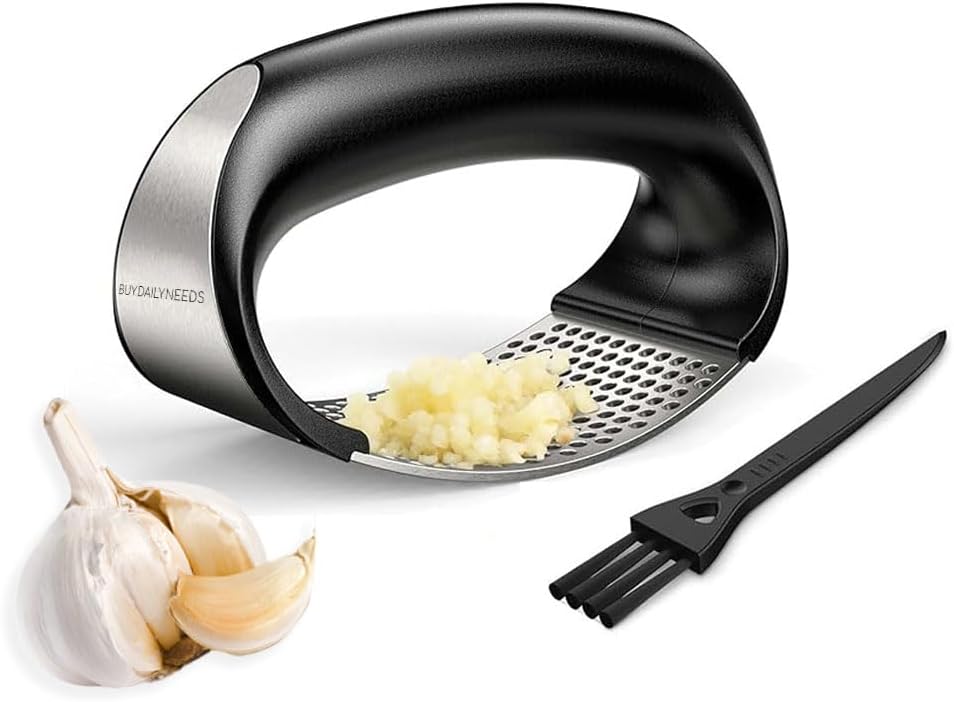 Garlic Press Rocker Stainless Steel - Rustproof Garlic Mincer, Crusher with Cleaning Brush, Easy to Use Garlic Smasher for Effortless Chopping & Crushing