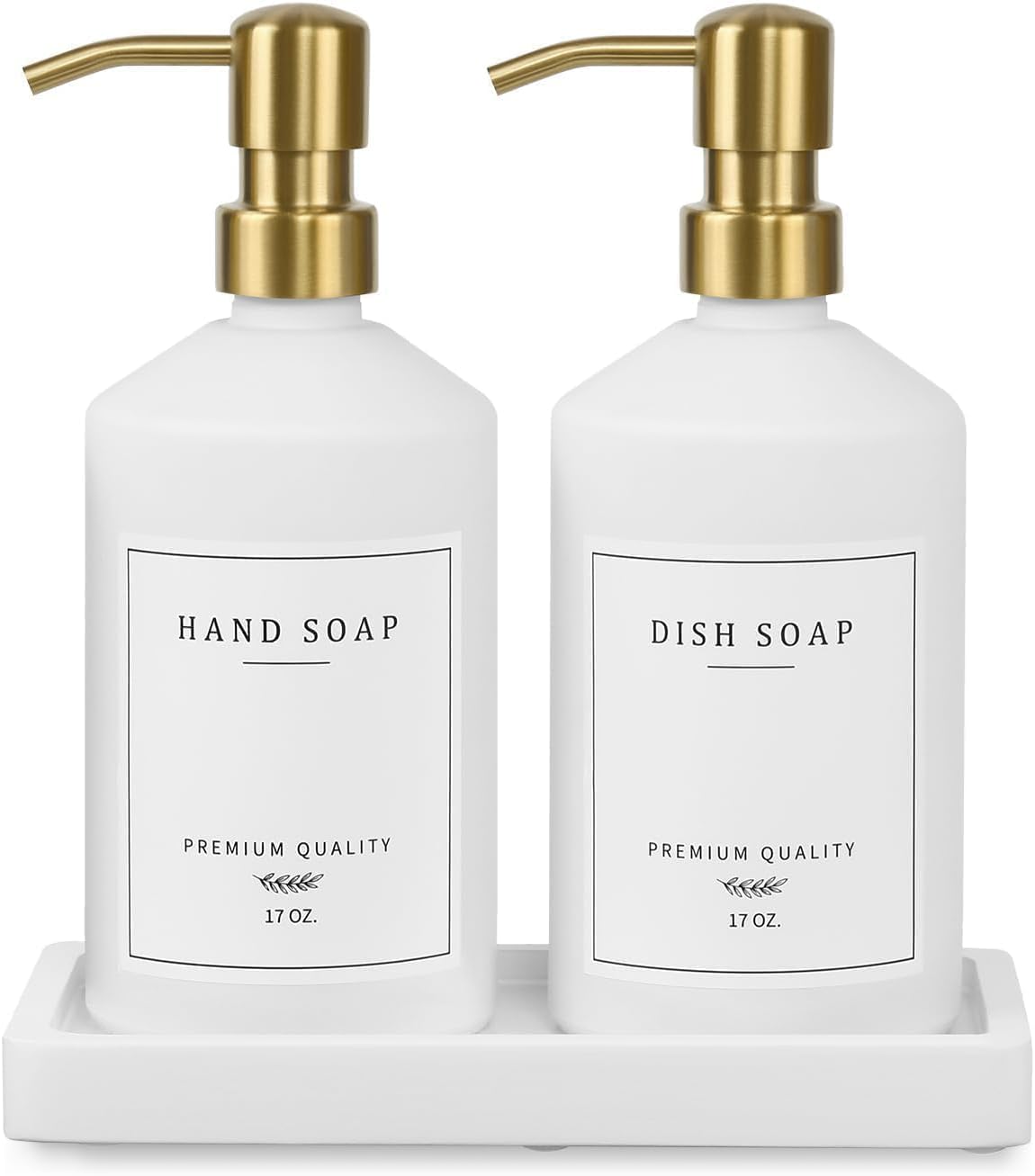 Gold Soap Dispenser Set, Glass Hand and Dish Soap Dispenser Set with Tray,Stainless Pump,14 Stickers for Kitchen,Bathroom Soap and Lotion Dispenser,Modern Counter Decor (White Bottle/Gold Pump)