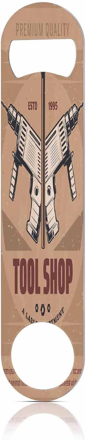 Tool Shop Stainless Steel Bottle Opener Carpentry Electric Drill and Hammer Brown Retro Poster Flat Beer Bottle Opener Keychain for Home Kitchen Bar Restaurant Party Birthday Gift