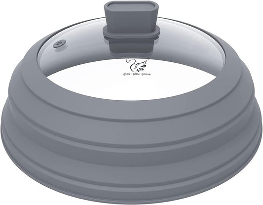 Microwave Splatter Cover Glass Cover Guard Lid with Collapsible Silicone for Food Pot Plate Cover 9.8 inch Light Grey