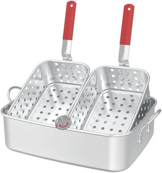FireRiot 18QT Aluminum Deep Fryer Pot with Baskets & Heat-Resistant Silicone Handles - Lightweight & Durable Fish Fryers Outdoor Cooking - Rectangular Fish Fryer Basket for Outdoor Fryer
