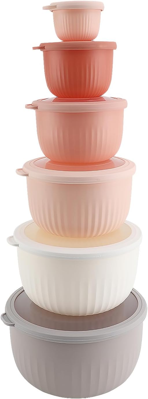 COOK WITH COLOR Prep Bowls with Lids- Wide and Deep Nesting Plastic Small Mixing Bowl Set with Lids, 12 Piece Set - Deep Bowls, Grey/Pink