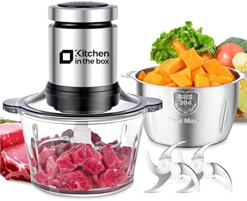 Kitchen in the box Food Processors,400W All-Copper Motor Meat Grinder & Food Chopper - Electric Vegetable Chopper with 2 Bowls(8 Cup+8 Cup) & 2 Bi-Level Blades for Meat/fish/Vegetable/Baby Food