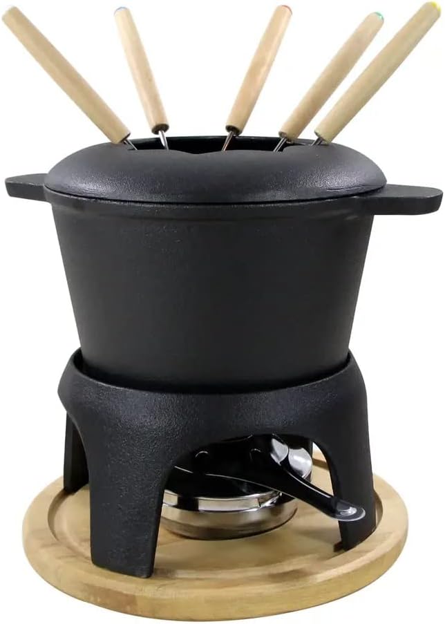 Traditional Fondue Set Matte black enameled cast iron fondue for Taditional swiss fondue 12 pcs fondue pot. for Meat, Chocolate & Cheese, Cast Iron Chocolate Fondue Pot 6 Pers Iron cast iron pot