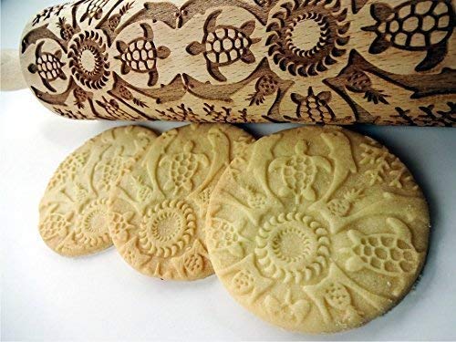 ROLLING PIN HAWAII LASER ENGRAVED with HAWAII PATTERN for EMBOSSED COOKIES PINEAPPLE DOLPHIN TURTLE SEASIDE BEACH SUN