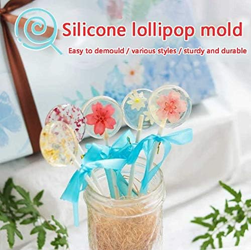 12 Capacity Silicone Lollipop Molds,Chocolate Hard Candy Mold with 50pcs 4 inch Lollypop sucker sticks,Candy Treat Bags,gold ties. (Round pink)