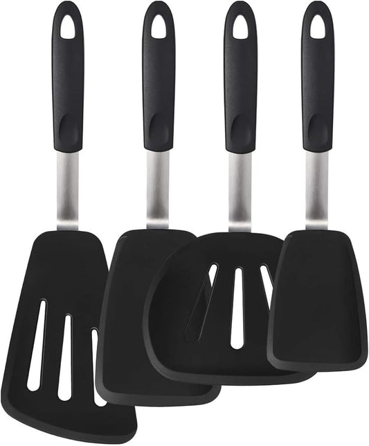 Set of 4 Silicone Spatula Utensils by Boxiki Kitchen. Professional Silicone and Stainless Steel Kitchen Spatula for Cooking, Pancakes, Eggs and Fish.