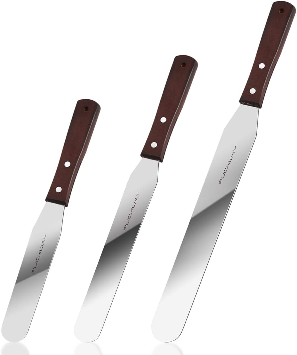 Straight Cake Icing Spatula set of 3 Professional Stainless Steel Cake Decorating Frosting Spatulas, 6"-8"-10" Flexible Resistant Blade, Wooden Handle for Easy Grip