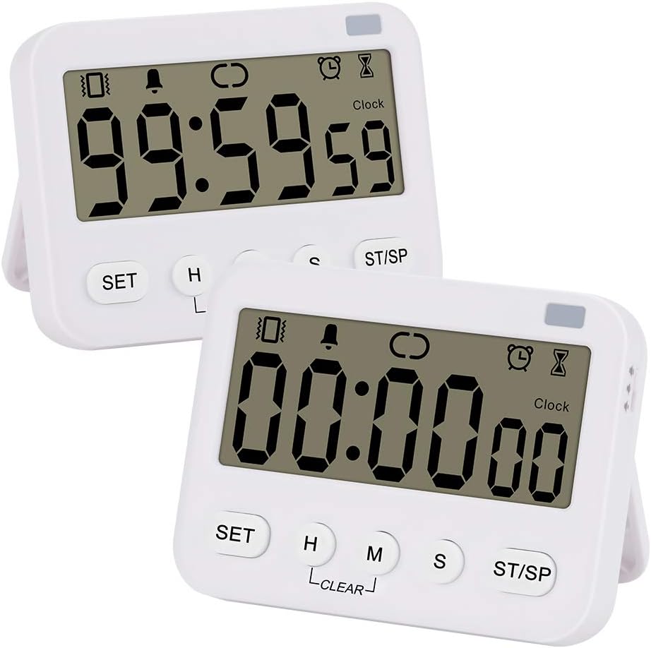 Stonylab 2pk Digital Timer Clock, 2 Pack Premium Multi-Function Digital Clock Countdown Timer Kitchen Event Timer with Alarm, Magnetic Back Big Digits Display Vibration/Flashlight/Sound Alarm