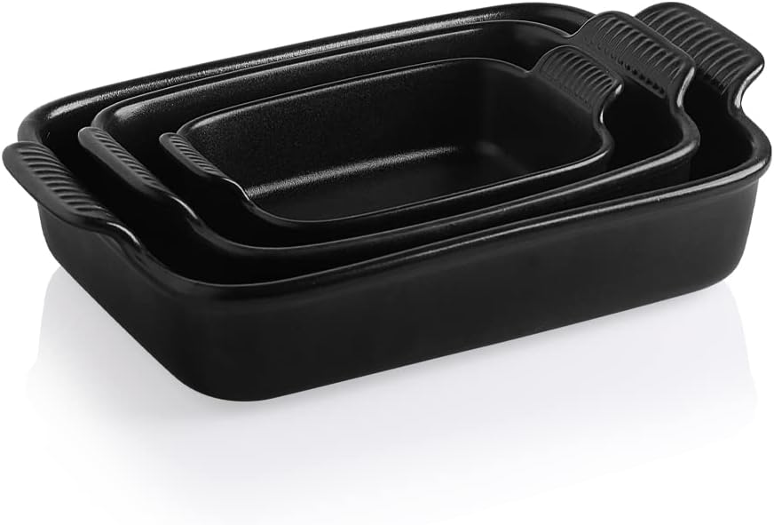 Sweejar Baking Pans Set, Ceramic 9x13 Baking Dish with Handle, Rectangular Casserole Dishes for Oven, Bakeware Sets of 3, Durable Lasagna Pan Deep for Kitchen, Banquet, Wedding Gift(Black)