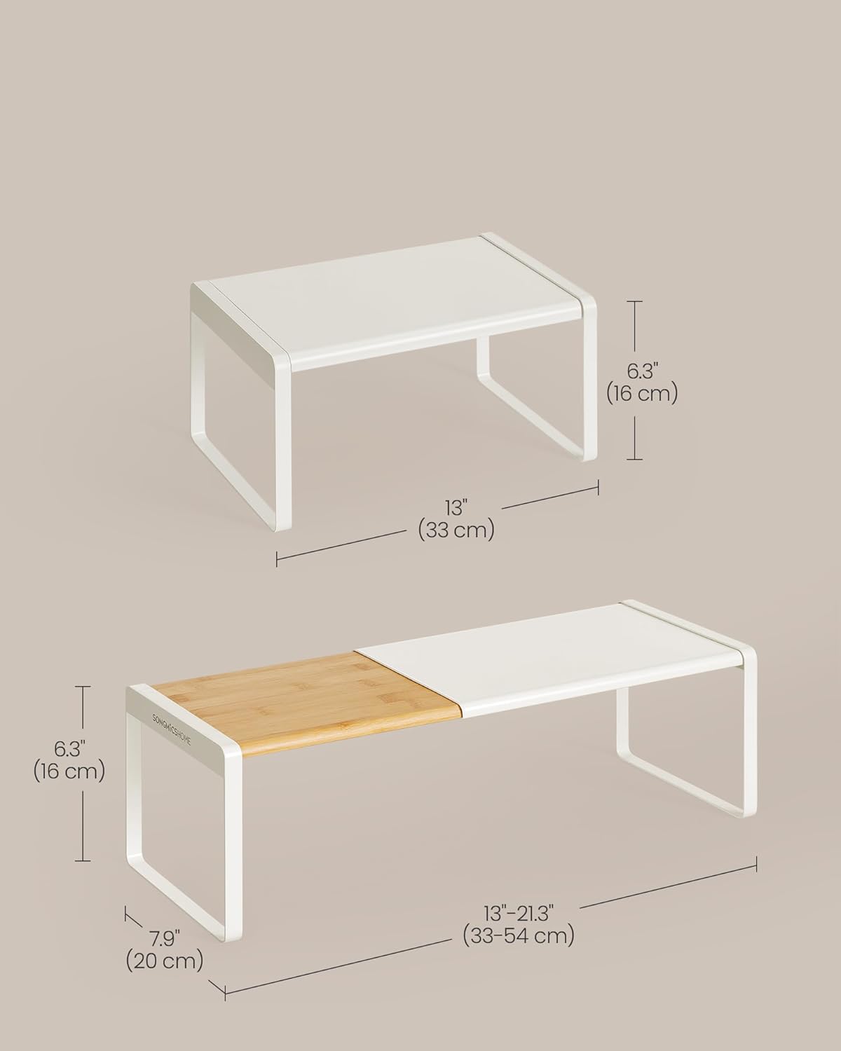 SONGMICS HOME Spice Rack, Expandable Cupboard Shelf Orgnizer, Kitchen Counter Shelf, Bamboo and Metal, Space-Saving Shelving, Stackable, Light Bamboo and Cream White UKCS052W01