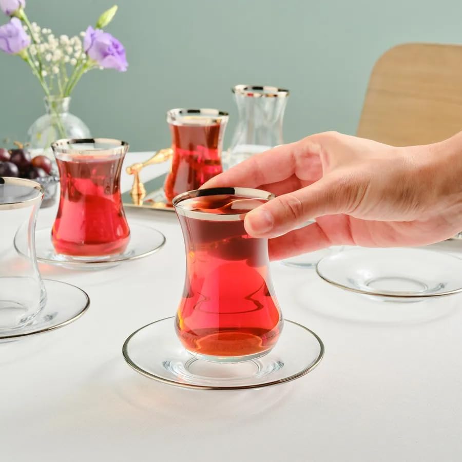 KARACA Sydney Elegant Tea Glass Set of 6 - (12 Piece) Clear Turkish Tea Cup Glasses and Saucers, 5.4 fl oz Curved Design Drinkware Cups, Dishwasher Safe, Platinum