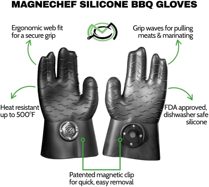 Magnetic BBQ Grill Gloves – Heat Resistant, Patented Magnetic Safety Clip Easy On & Off, Firefighter-Designed, Dishwasher-Safe, Waterproof, Perfect for Grilling, Smoking, Frying, Baking