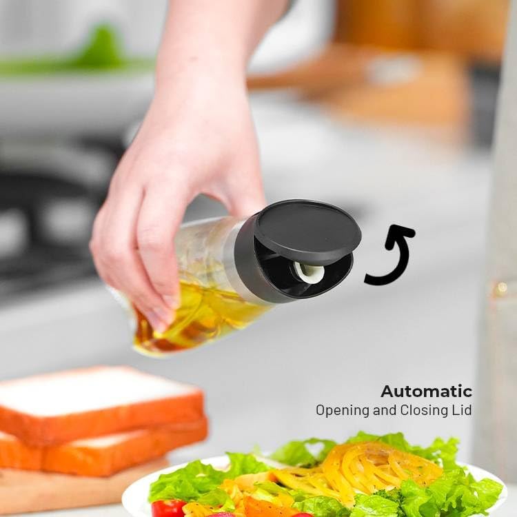 Premium Glass Olive Oil and Vinegar Dispenser Bottles Set, 2-Piece Kitchen Cooking Cruet with Auto-Open Lid, Non-Drip Pouring Spout, Oil Infuser Filter, Dishwasher Safe (White 16oz)