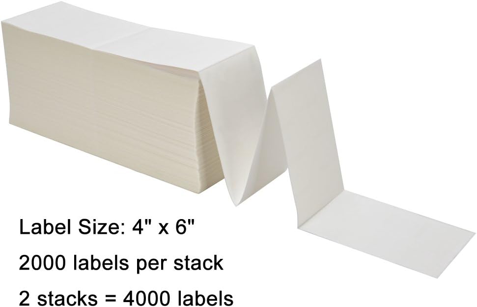 2 Stacks Fanfold 4" x 6" Direct Thermal Labels, 2000 Labels Per Stack, White Perforated, Permanent-Adhesive, Compatible with Zebra, Rollo and Most Thermal Label Printer