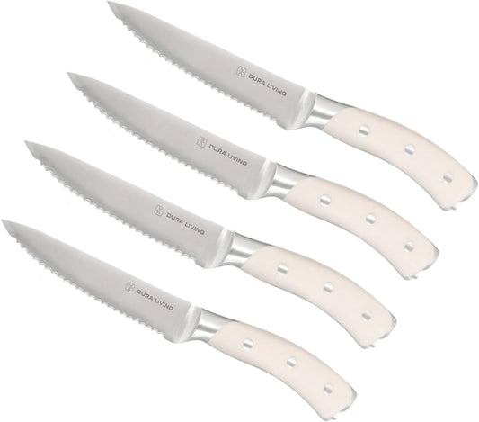 4-Piece Serrated Kitchen Steak Knife Set – Forged High Carbon Stainless Steel, Ultra Sharp, Ergonomic Black Handles, Durable Dinner Knives, Cream Handle
