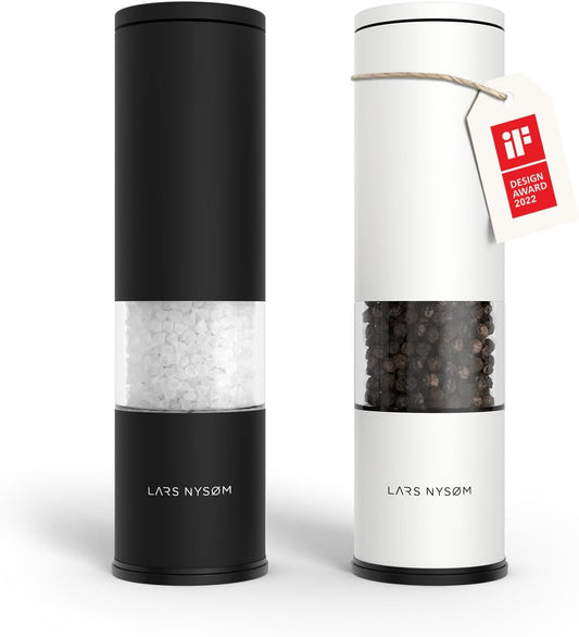 LARS NYSØM Salt and Pepper Grinder Set Manual, Stainless Steel Salt and Pepper Mills with Adjustable Ceramic Grinder I Design Spice Shakers (Black/White)
