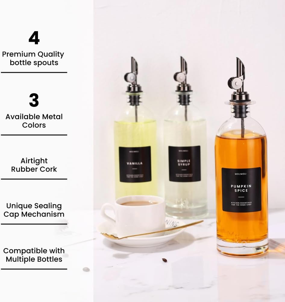 Molimoli Pack of 4 Premium Liquor Pour Spout Made of Stainless Steel with Automatic Anti-Oxidation Mechanism, Bottle Pourers for Alcohol and Wine, Olive Oil Dispenser Spout, Oil Bottle Spout, Black