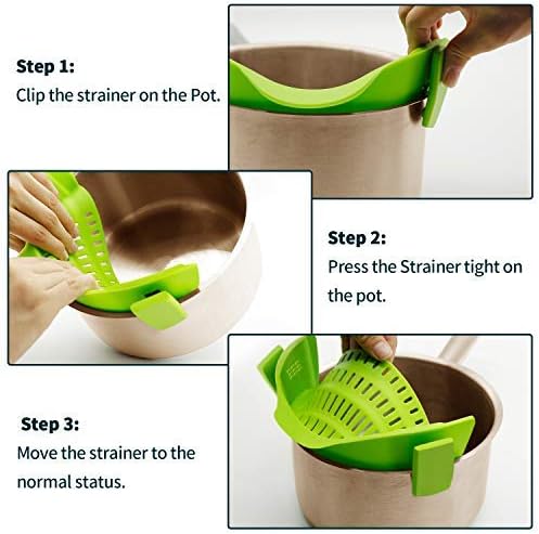 Clip On Strainer Silicone Pots and Pans, AUOON Pasta Strainer Clip on Food Strainer for Meat Vegetables Fruit Silicone Kitchen Colander, Green
