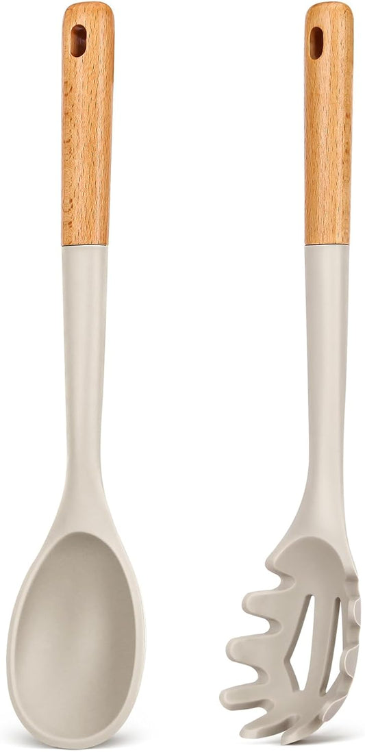 Silicone Pasta Fork And Cooking Spoon, Kitchen Heat Resistant Noodle Spoon Server, BPA Free Spaghetti Strainer,12.8 inch