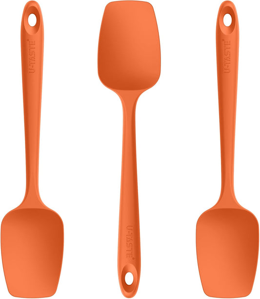 U-Taste Silicone Spoon Spatula Set: 480ºF Heat Resistant Food Grade Flexible Rubber Spoonula, Nonstick Cooking Mixing Scooping Kitchen Baking Scraper Utensils Set of 3 for Pan, Pot, Bowl (Orange)