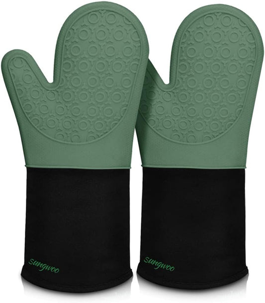 sungwoo Extra Long Silicone Oven Mitts, Heat Resistant Oven Gloves with Quilted Liner Non-Slip Textured Grip Perfect for BBQ, Baking and Cooking - 1 Pair 14.6 Inch Midnight Green & Black