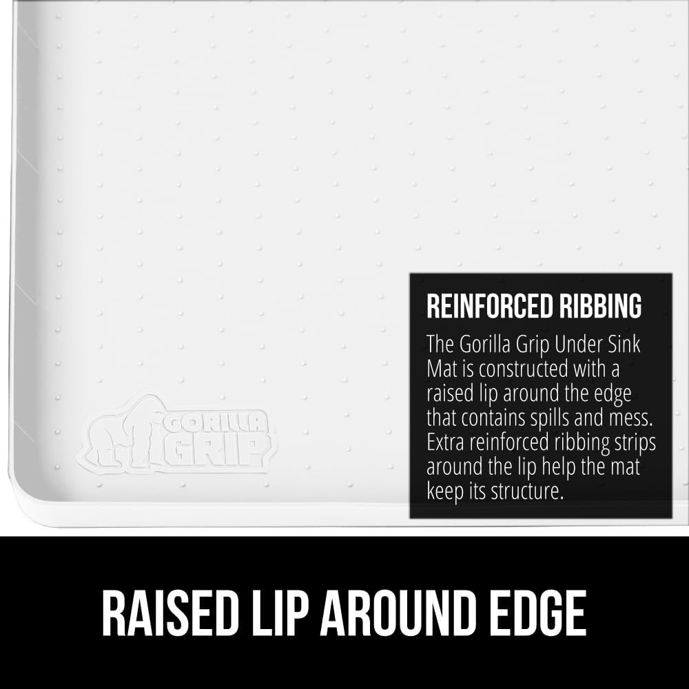 GORILLA GRIP Waterproof Silicone Under Sink Mat with Raised Lip for Kitchen and Bathroom, 31 x 22 in, Cabinet Shelf Liner Stay in Place Mats Dishwasher Safe Drawer Liner, Organizer Tray, White